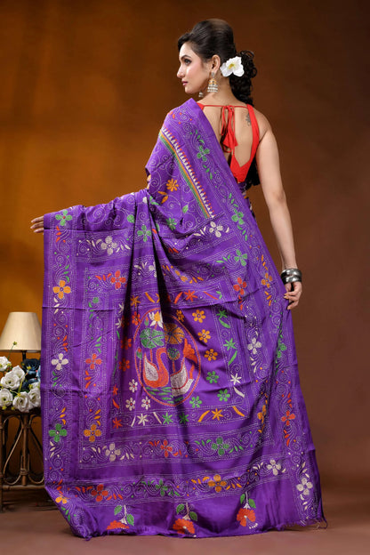 Royal purple swan motif kantha embroidery silk saree - handcrafted purple silk saree intricate floral 6