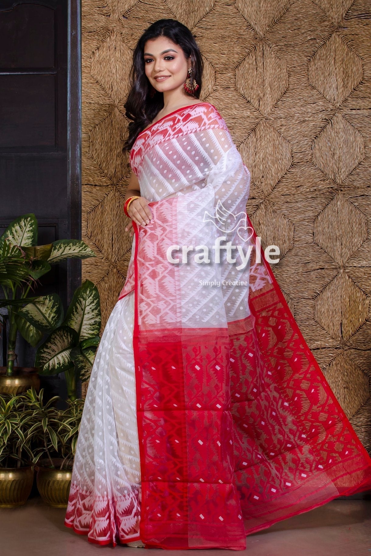 Ruby Red and White Jamdani Saree - Craftyle