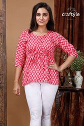 Ruby Red Cotton Printed Top with Three Quarter Sleeves - Craftyle