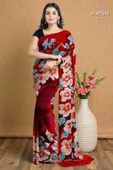 Ruby red floral hand batik pure mulberry silk saree woman wears vibrant red silk 5