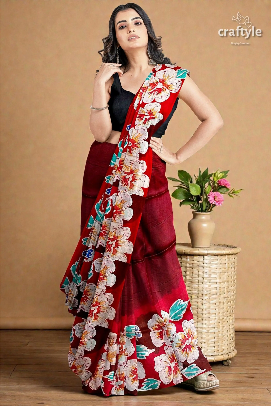 Ruby red floral hand batik pure mulberry silk saree 2
