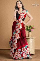 Ruby red floral hand batik pure mulberry silk saree rich maroon silk saree adorned 2