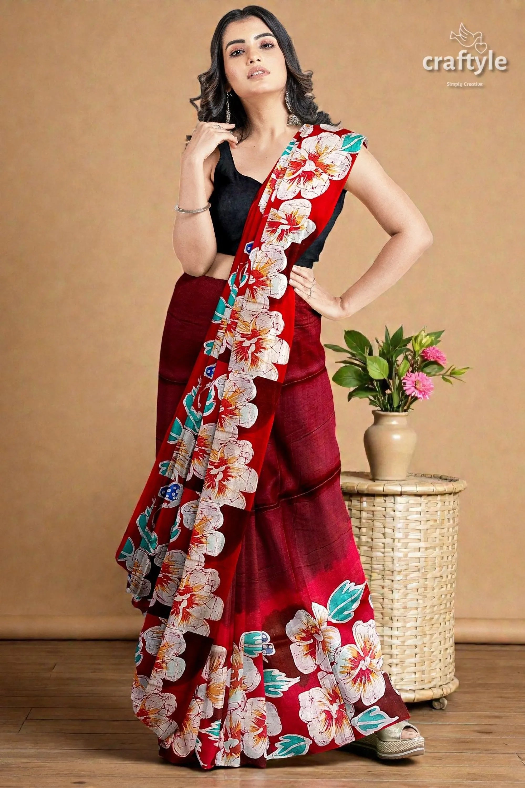 Ruby red floral hand batik pure mulberry silk saree rich maroon silk saree adorned 2
