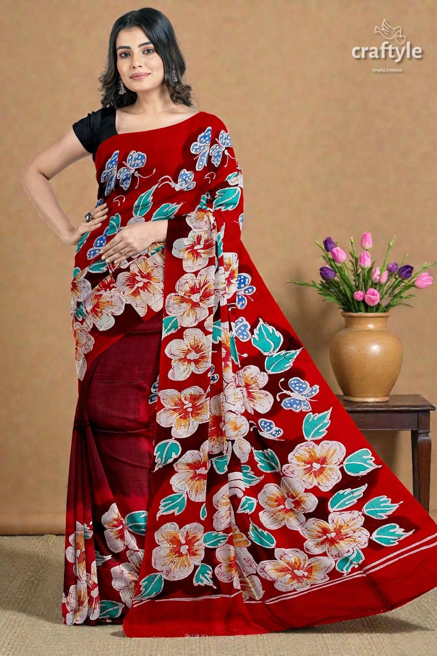 Ruby red floral hand batik pure mulberry silk saree vibrant red saree bold floral 6