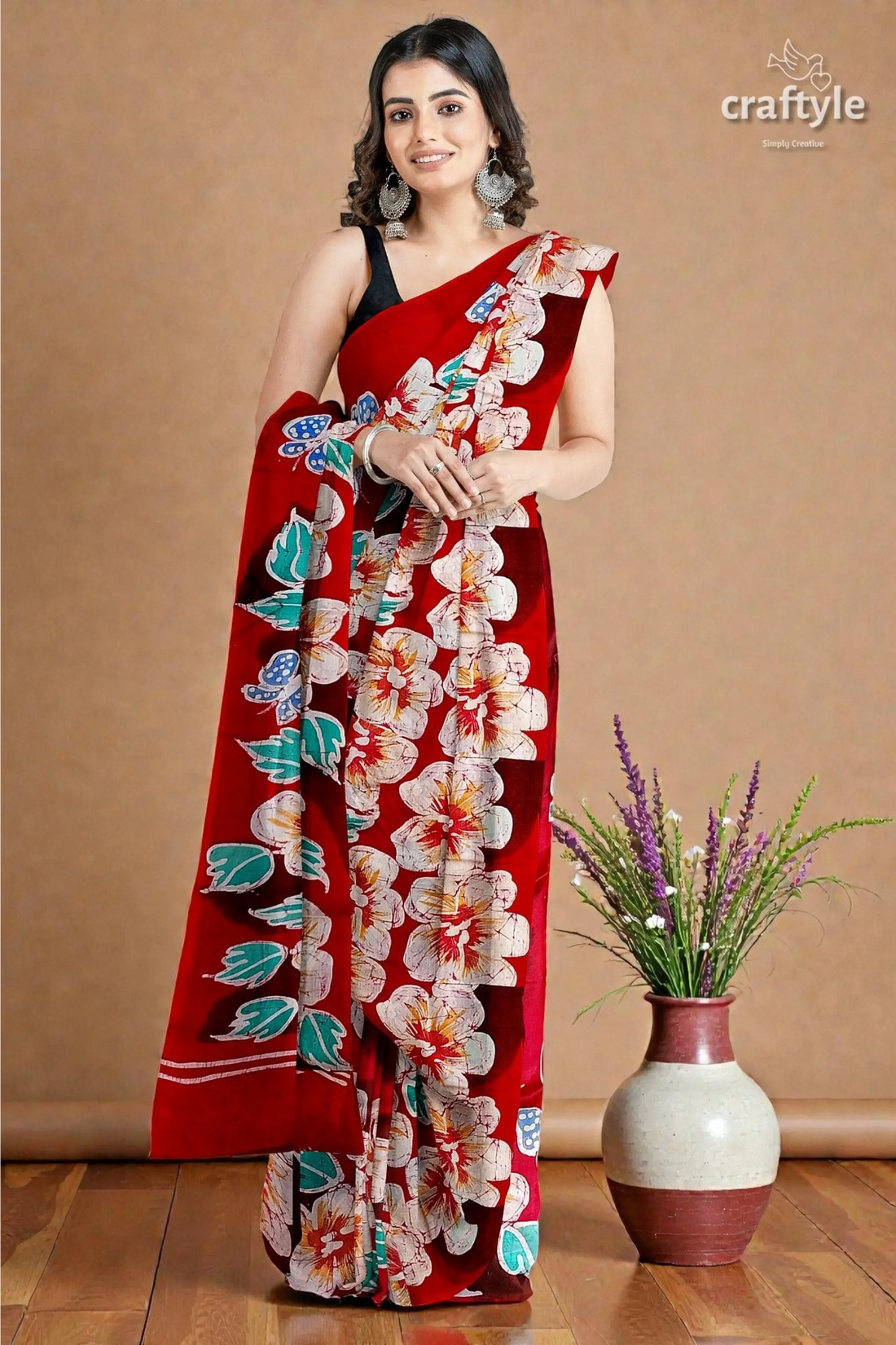 Ruby red floral hand batik pure mulberry silk saree 1