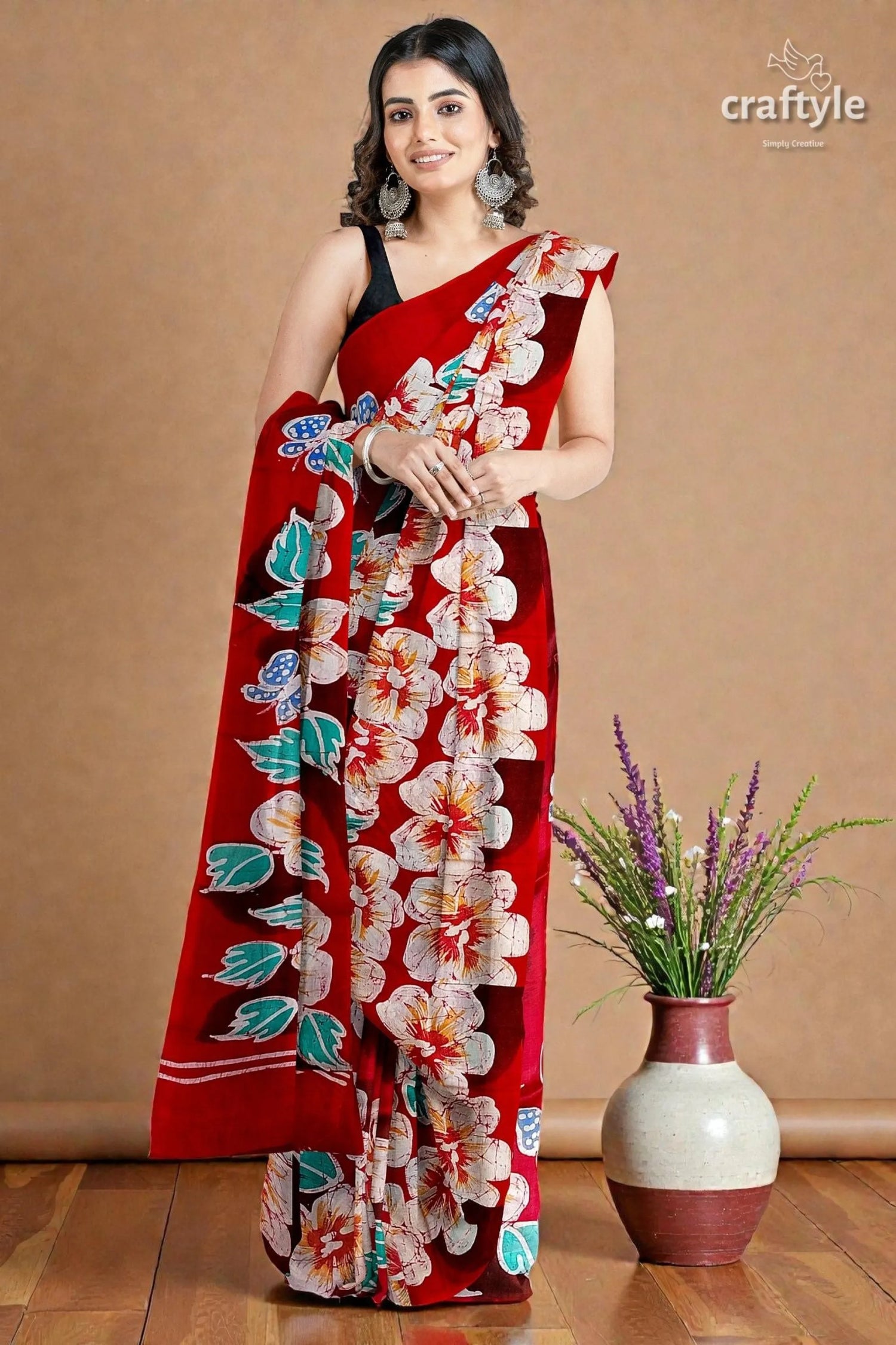 Ruby red floral hand batik pure mulberry silk saree vibrant red saree bold floral 1