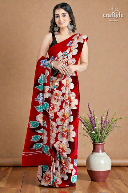 Ruby red floral hand batik pure mulberry silk saree vibrant red saree bold floral 1