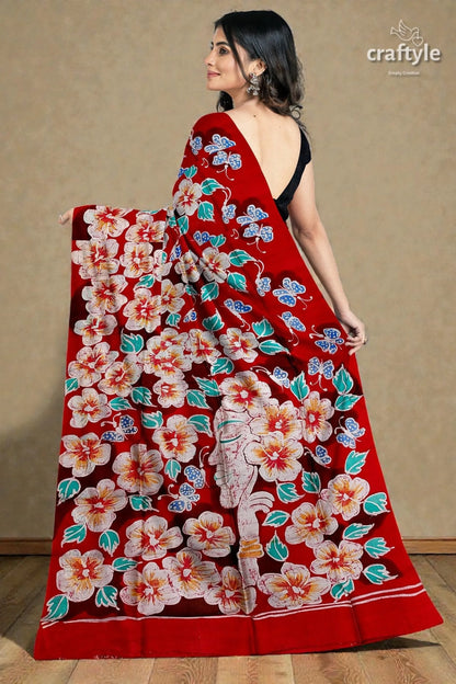Ruby red floral hand batik pure mulberry silk saree vibrant red saree adorned intricate 4