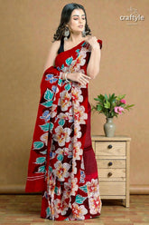 Ruby red floral hand batik pure mulberry silk saree woman wears vibrant red saree 3