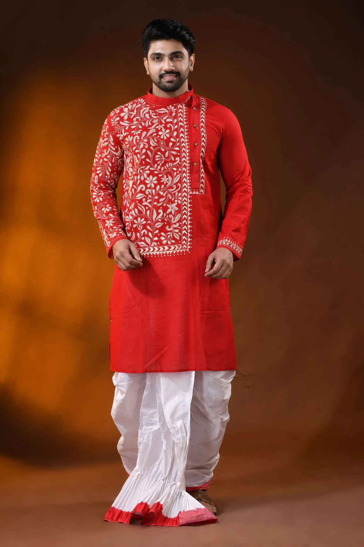 Ruby red floral kantha embroidery pure cotton punjabi for men 1