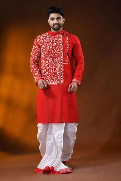 Ruby red floral kantha embroidery pure cotton punjabi for men 1