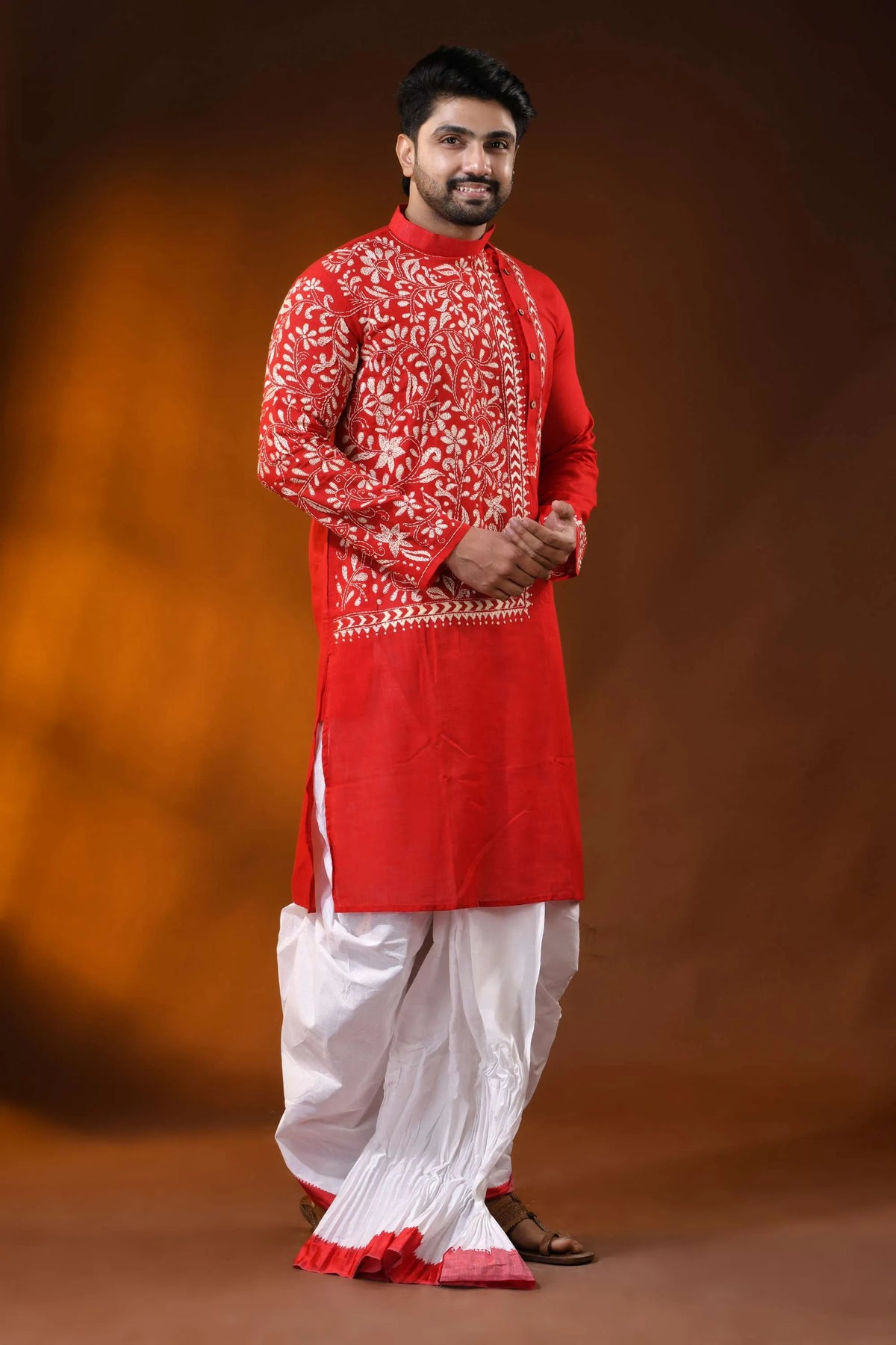 Ruby red floral kantha embroidery pure cotton punjabi for men 4