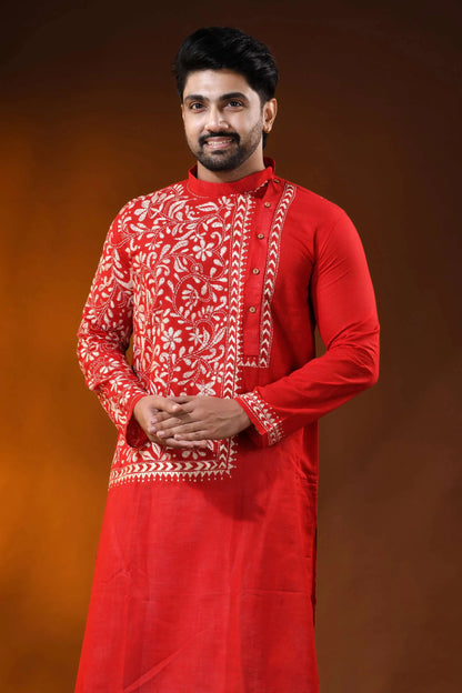 Ruby red floral kantha embroidery pure cotton punjabi for men 2