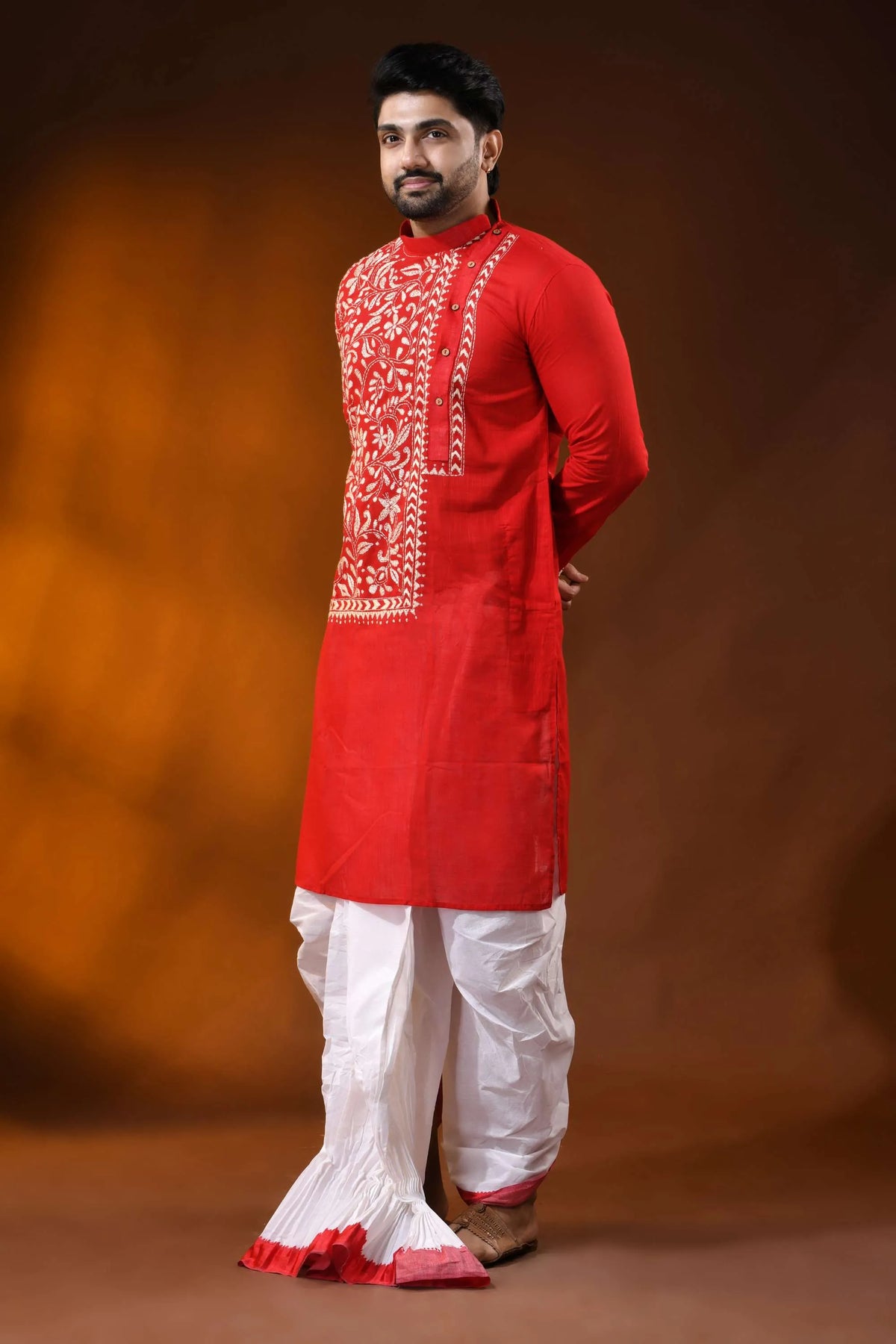 Ruby red floral kantha embroidery pure cotton punjabi for men 6