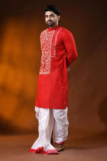 Ruby red floral kantha embroidery pure cotton punjabi for men 6
