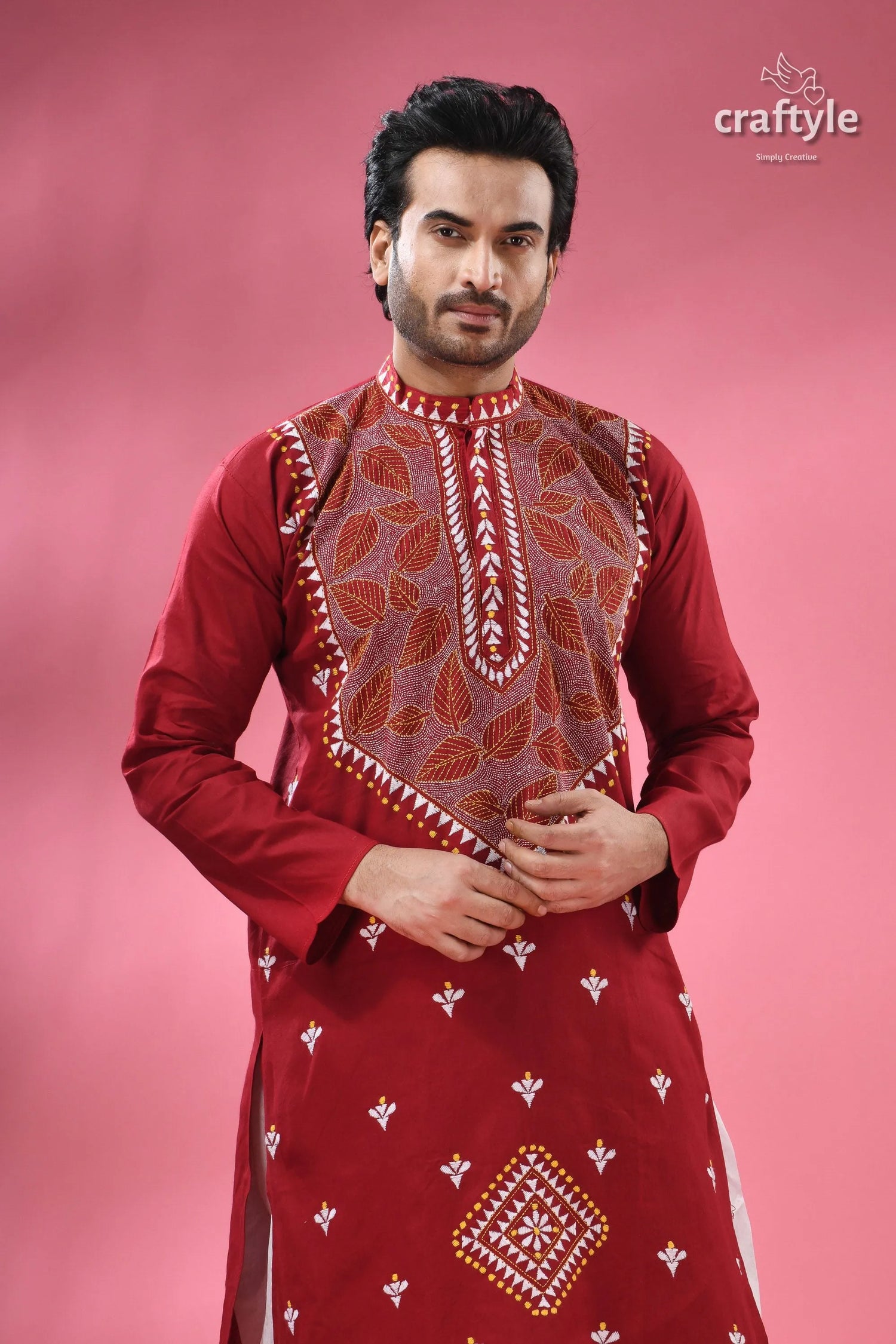 Ruby red leaf design designer cotton panjabi for men men’s embroidered kurta 2