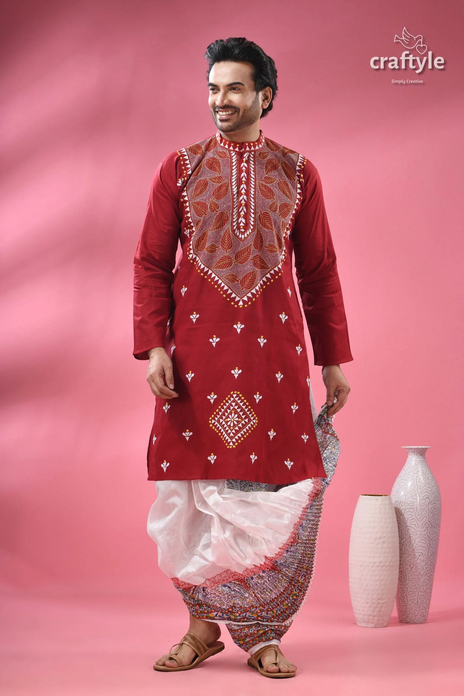 Ruby red leaf design designer cotton panjabi for men men’s kurta embroidered yoke 5