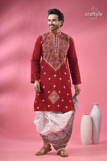 Ruby red leaf design designer cotton panjabi for men men’s kurta embroidered yoke 5