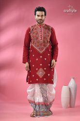 Ruby red leaf design designer cotton panjabi for men men’s traditional kurta white 4