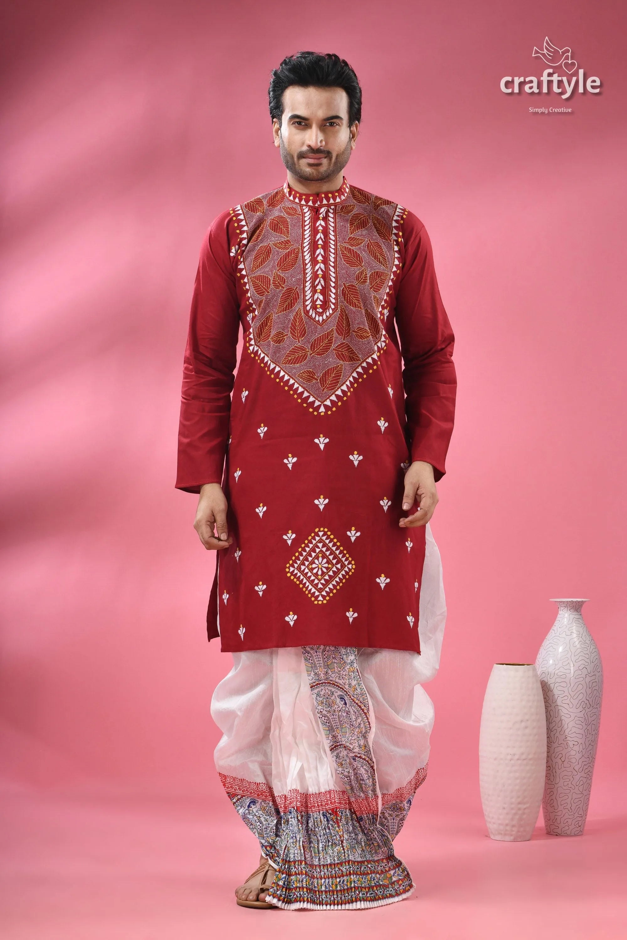 Ruby red leaf design designer cotton panjabi for men men’s traditional kurta white 4