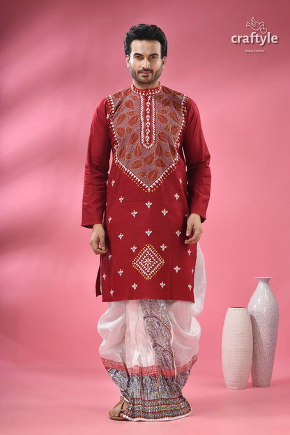Ruby red leaf design designer cotton panjabi for men men’s traditional kurta white 4