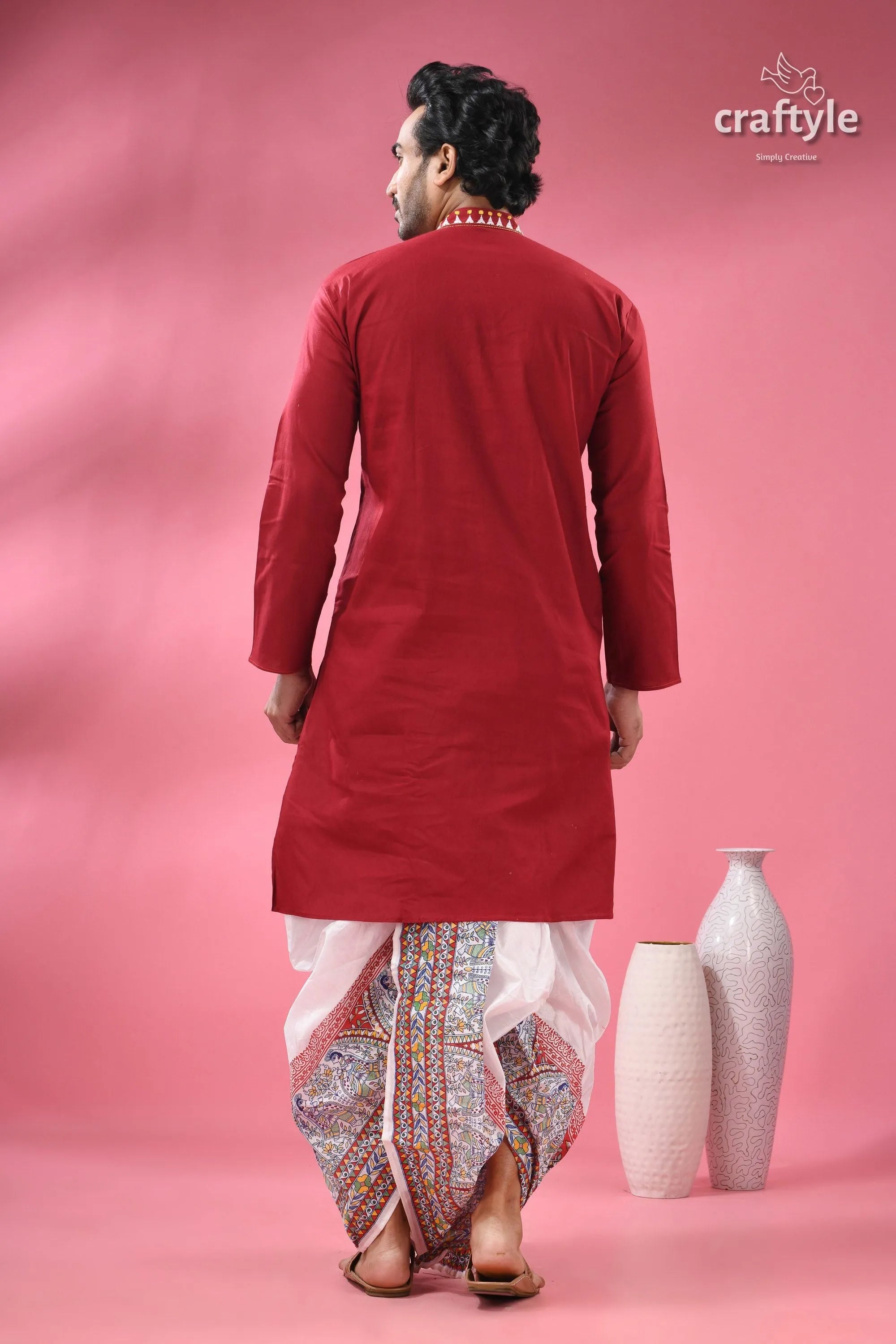 Ruby red leaf design designer cotton panjabi for men men’s kurta white patterned 7