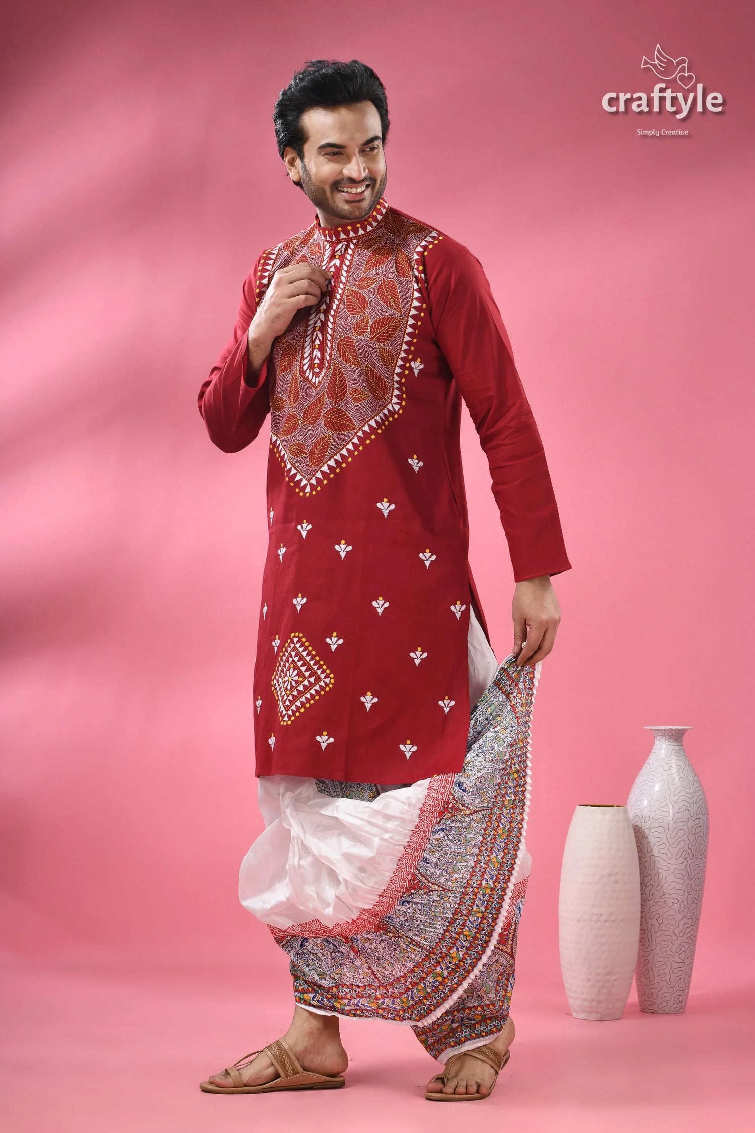 Ruby red leaf design designer cotton panjabi for men men’s embroidered kurta patterned 6