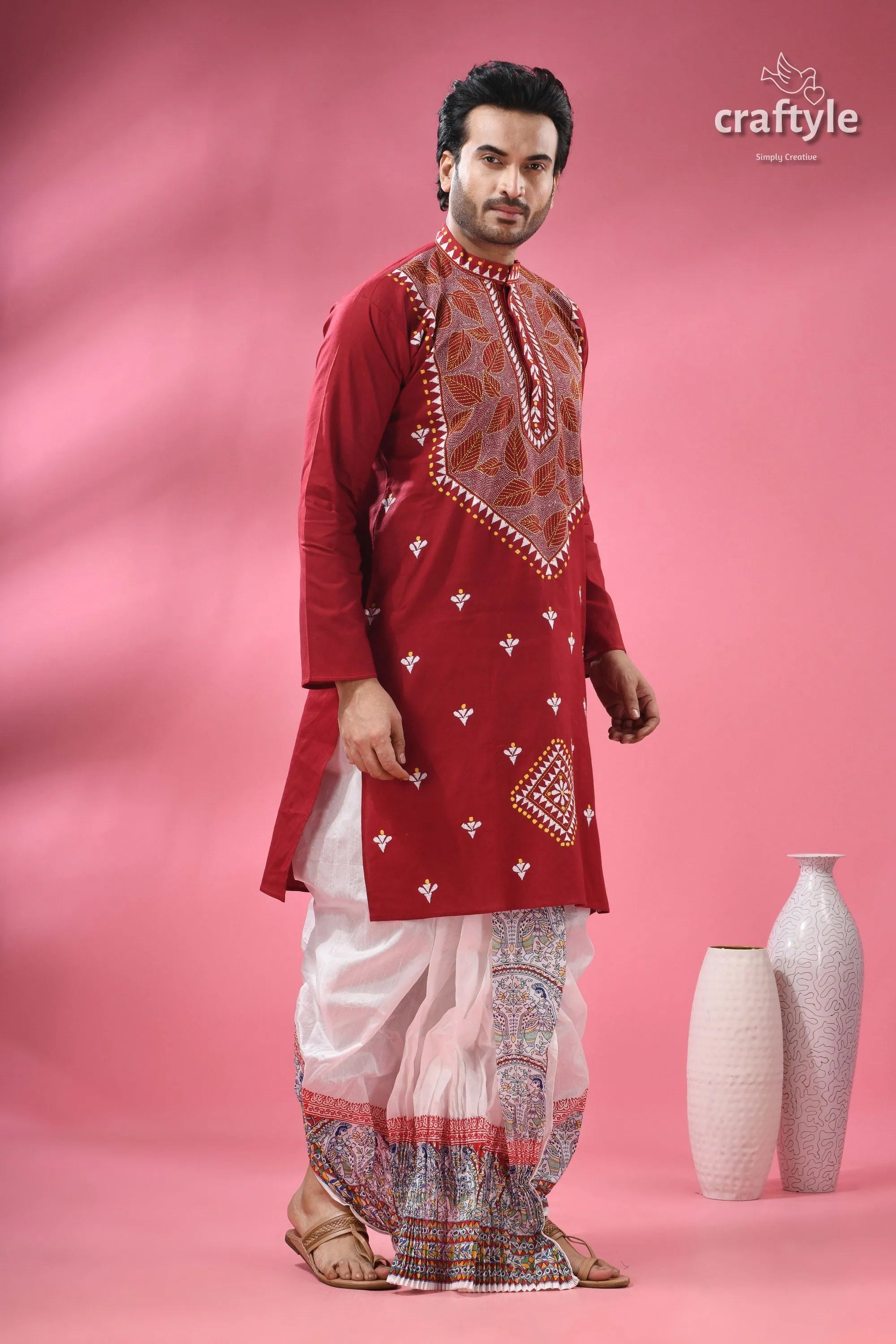 Ruby red leaf design designer cotton panjabi for men men’s embroidered kurta white 3