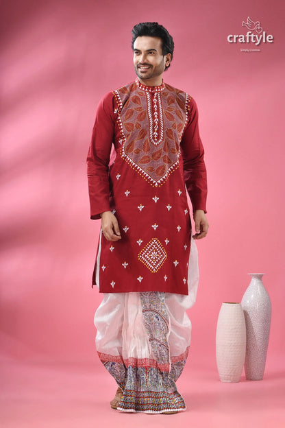 Ruby red leaf design designer cotton panjabi for men men’s maroon embroidered kurta 1