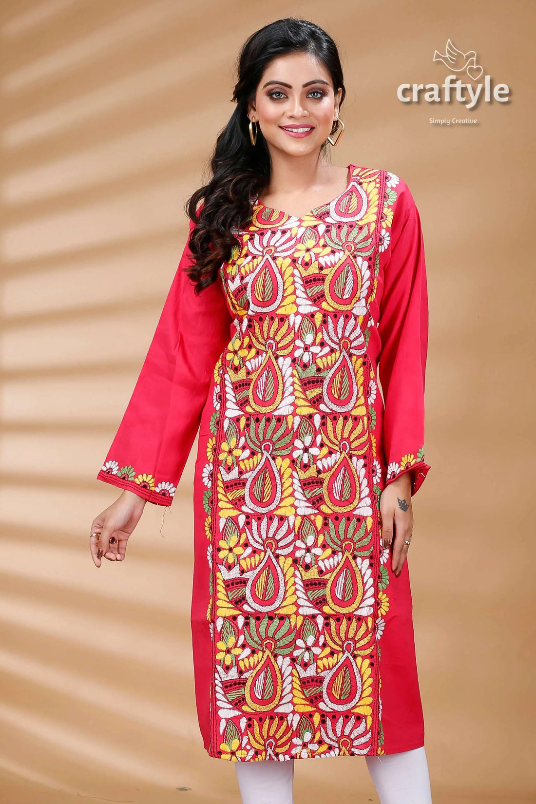 Ruby red muticolor thread kantha work cotton kurti for women red embroidered kurta 2