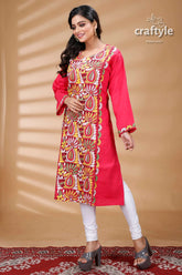 Ruby red muticolor thread kantha work cotton kurti for women red embroidered tunic white leggings 4