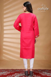 Ruby red muticolor thread kantha work cotton kurti for women woman’s pink kurta white leggings 5