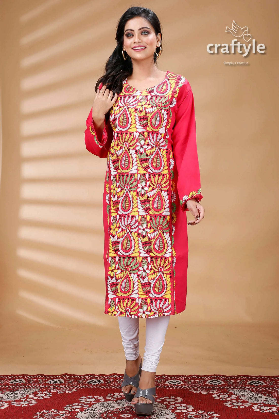 Ruby red muticolor thread kantha work cotton kurti for women red embroidered kurta 1