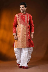 Ruby red semi tussar embroidery kurta for men with ethnic design 6