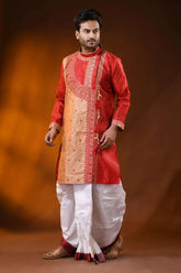 Ruby red semi tussar embroidery kurta for men with ethnic design 4