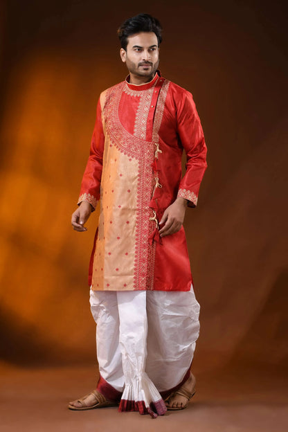 Ruby red semi tussar embroidery kurta for men with ethnic design 4