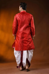 Ruby red semi tussar embroidery kurta for men with ethnic design 5