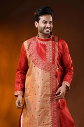 Ruby red semi tussar embroidery kurta for men with ethnic design 2