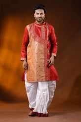Ruby red semi tussar embroidery kurta for men with ethnic design 1