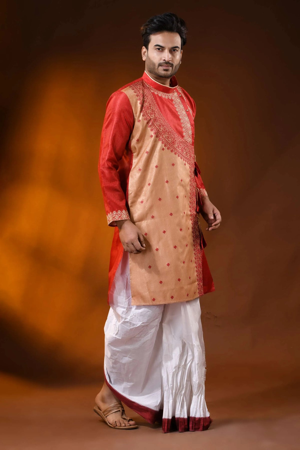 Ruby red semi tussar embroidery kurta for men with ethnic design 3