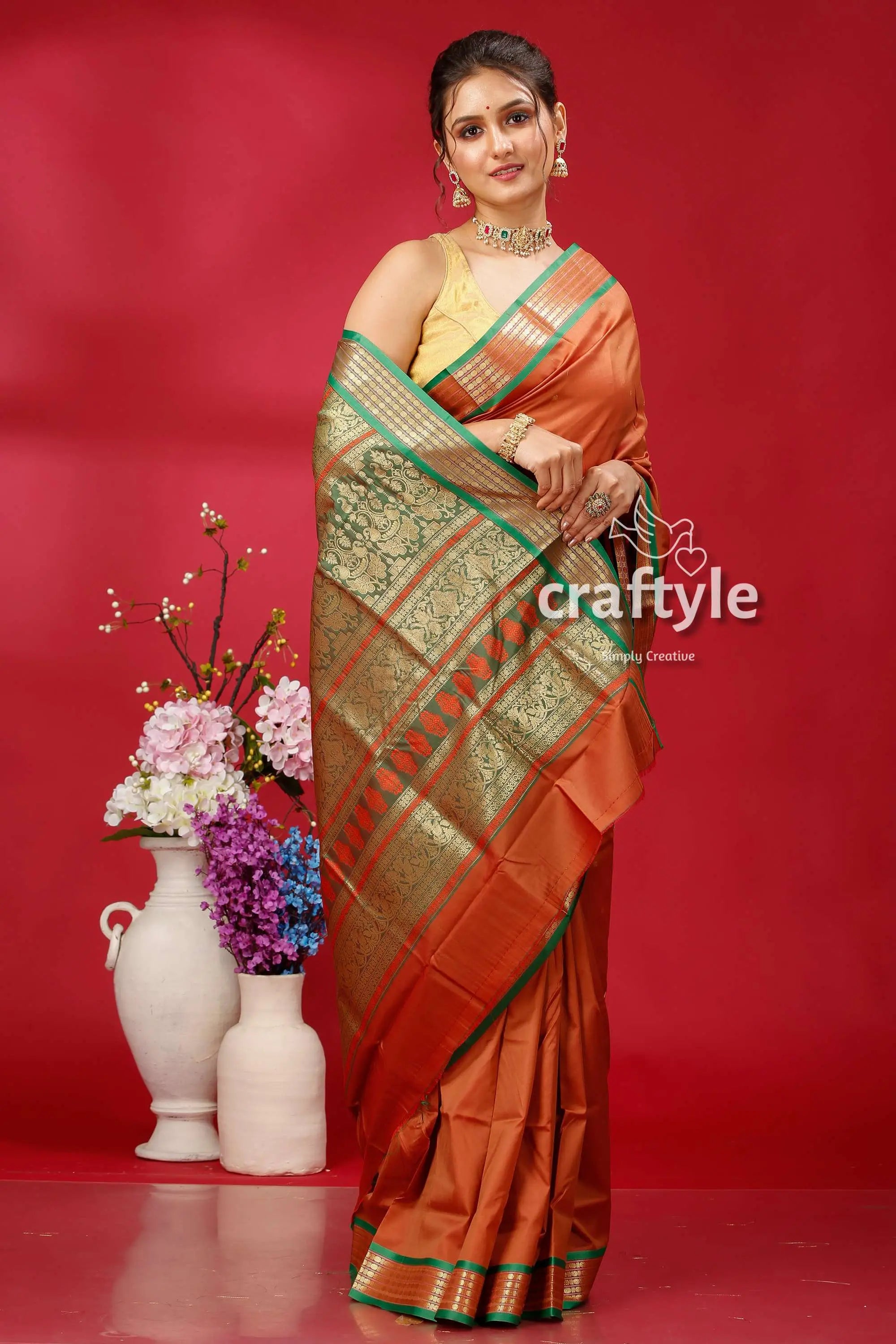 Ruddy brown bomkai silk saree with zari border - exquisite indian style elegant orange saree green border 4