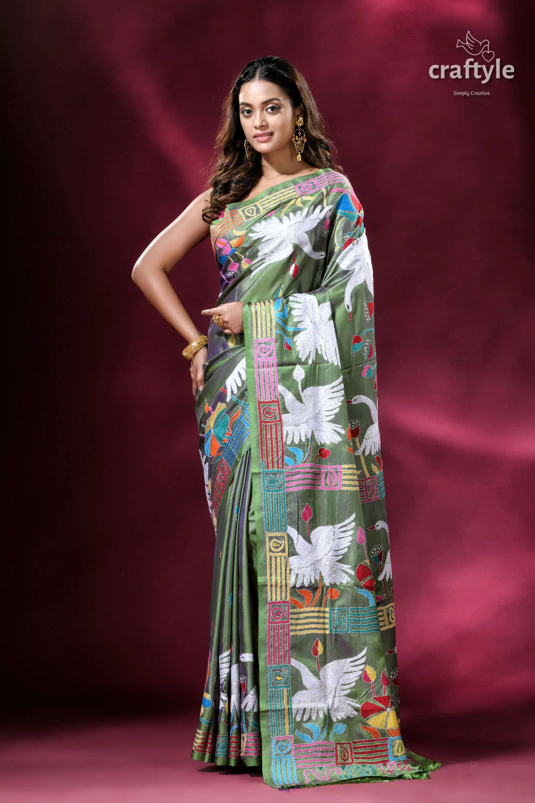 Russian green bird design silk kantha embroidery saree woman patterned saree 1