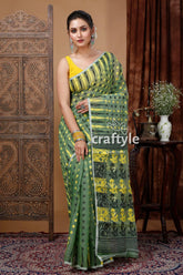Russian green elegant jamdani saree for women green yellow patterned sari 6