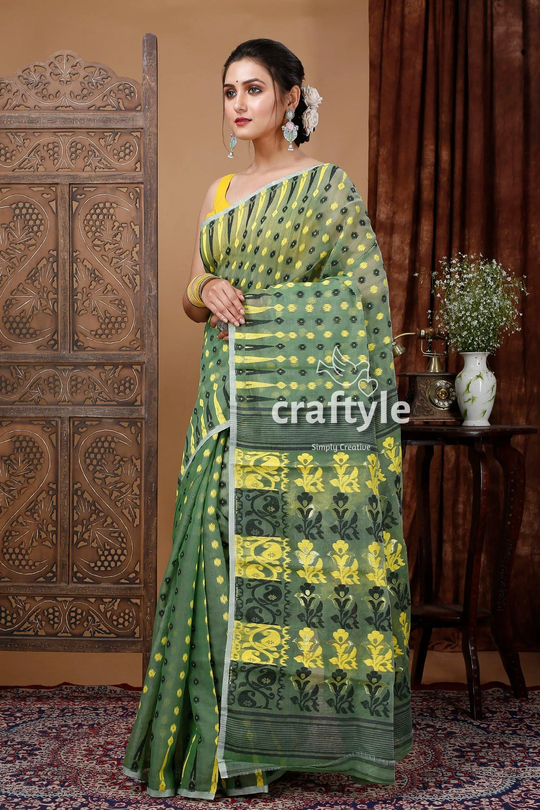 Russian green elegant jamdani saree for women green yellow patterned saree 1