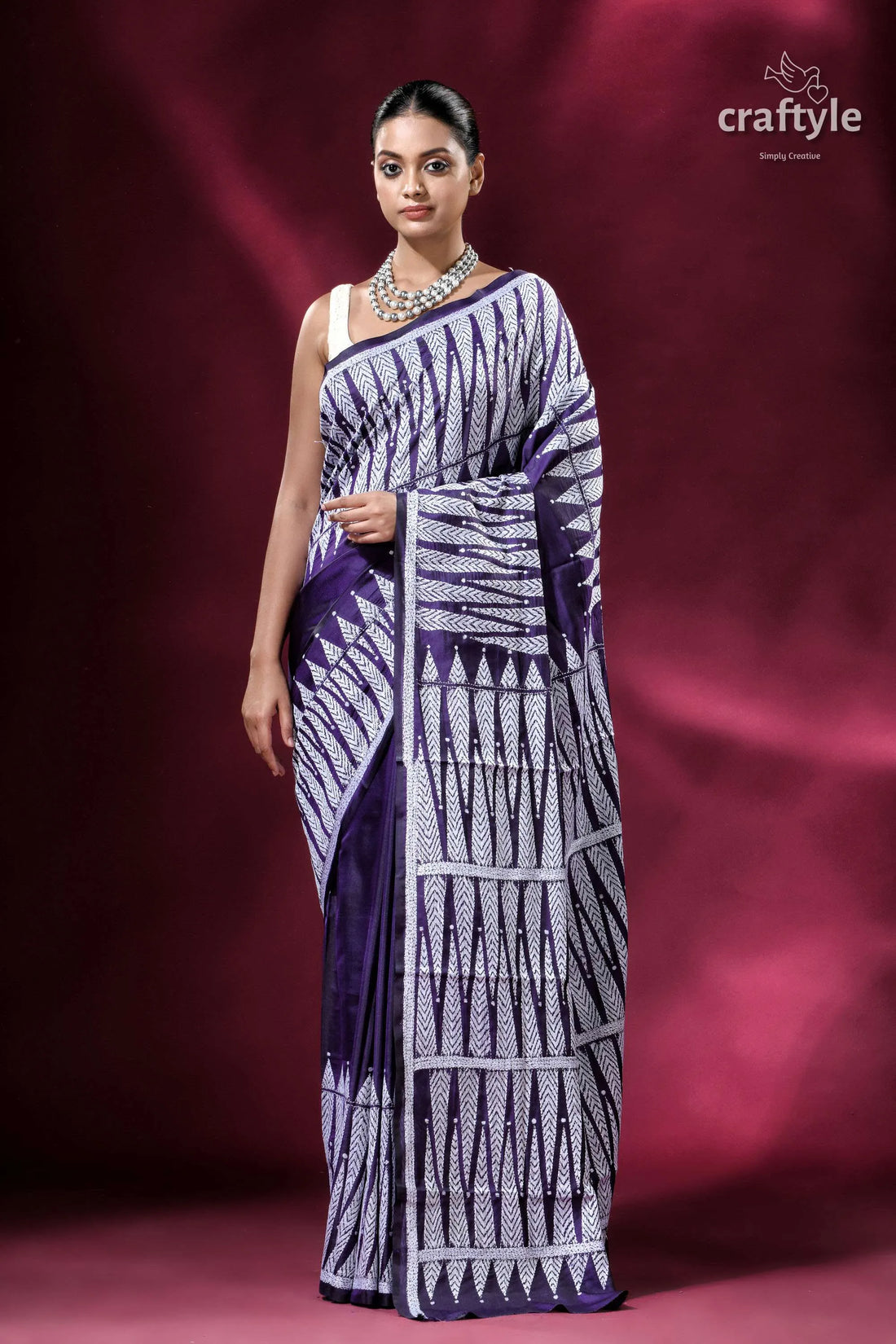 Russian violet and white temple design silk kantha saree woman patterned saree 1