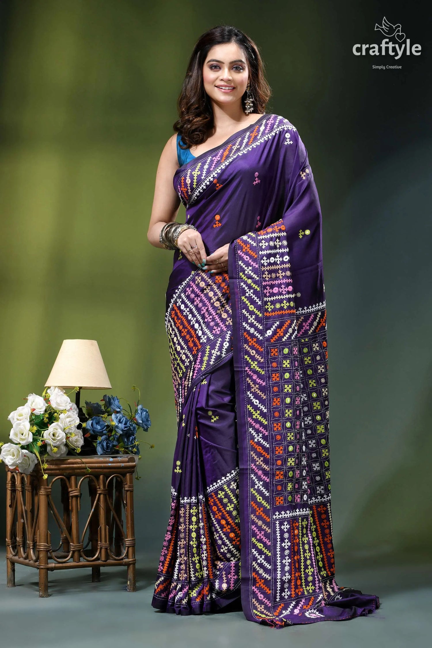 Russian violet multicolor thread kutch work silk saree - mirror purple sari intricate multicolored embroidery 1