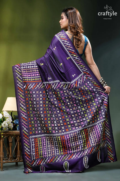Russian violet multicolor thread kutch work silk saree - mirror purple saree intricate multicolored embroidery 5