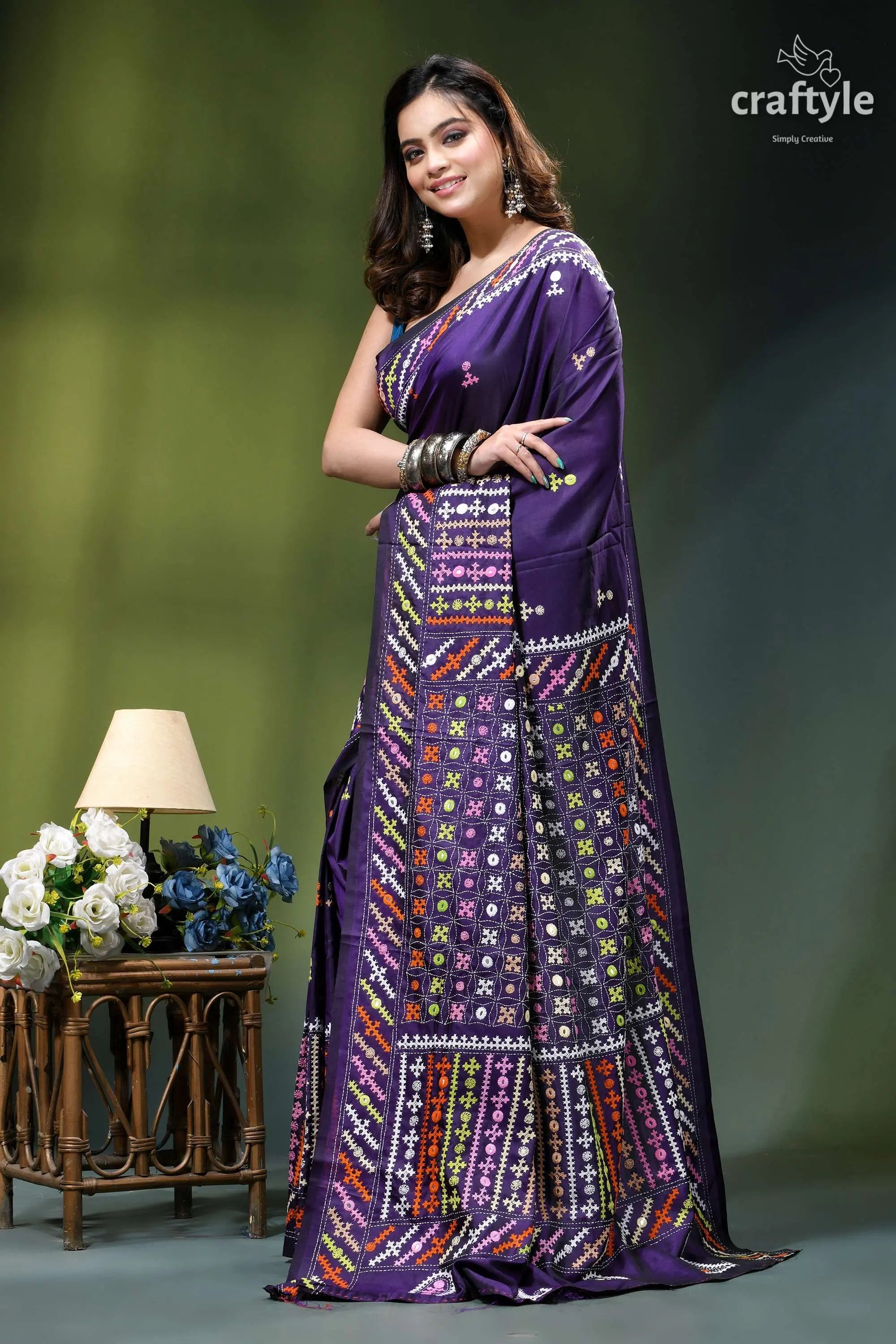 Russian violet multicolor thread kutch work silk saree - mirror purple sari intricate multicolored embroidery 3