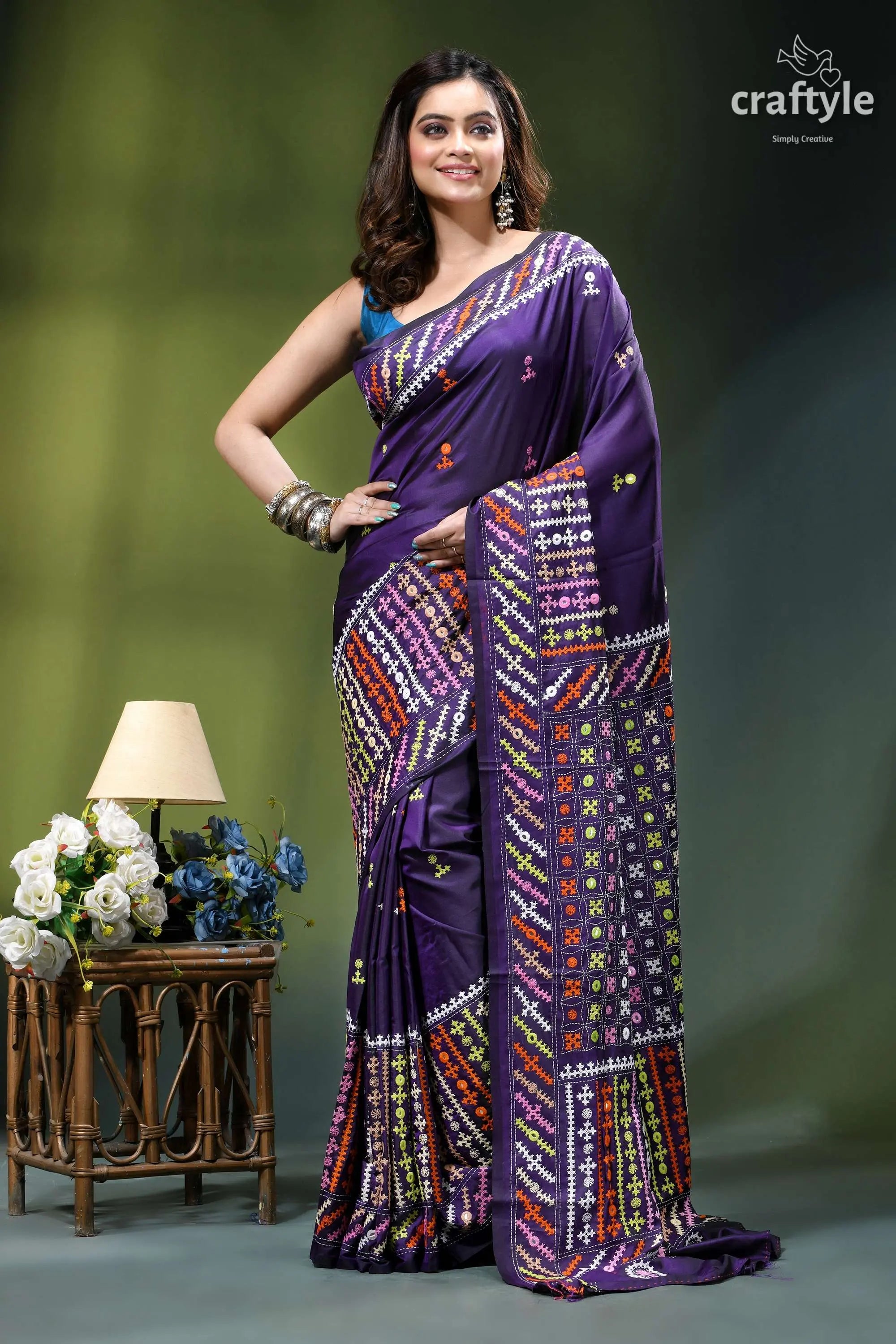 Russian violet multicolor thread kutch work silk saree - mirror vibrant purple sari adorned intricate 6