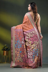 Rust brown multicolor floral design hand batik silk kantha stitch saree 5